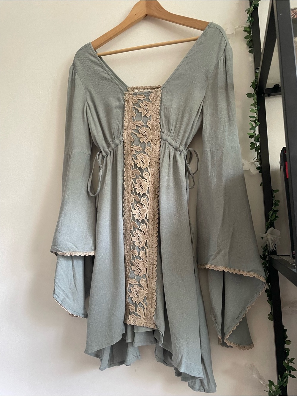 Free People Ren Faire 70s Boho Chic Fairy Blue Jolene Bell Sleeve Mini Dress XS